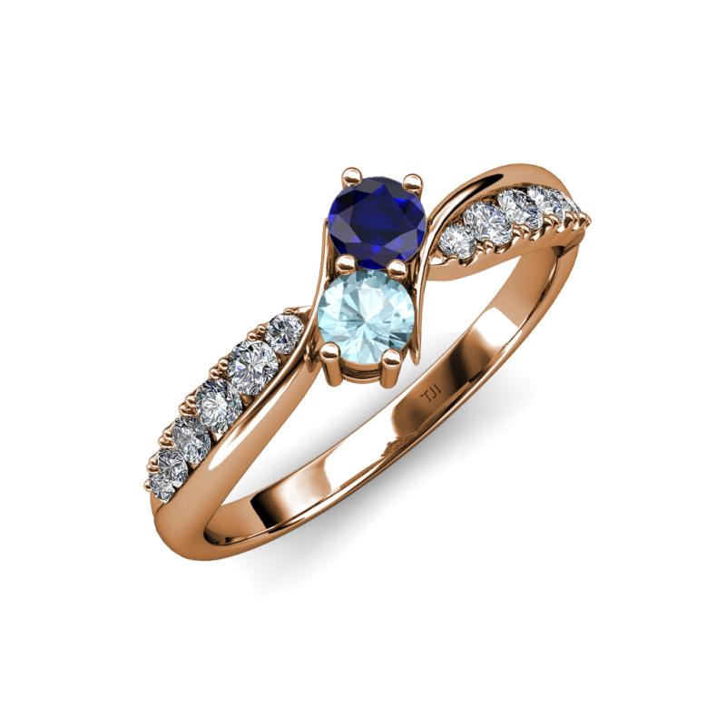Nicia Blue Sapphire and Aquamarine with Side Diamonds Bypass Ring 