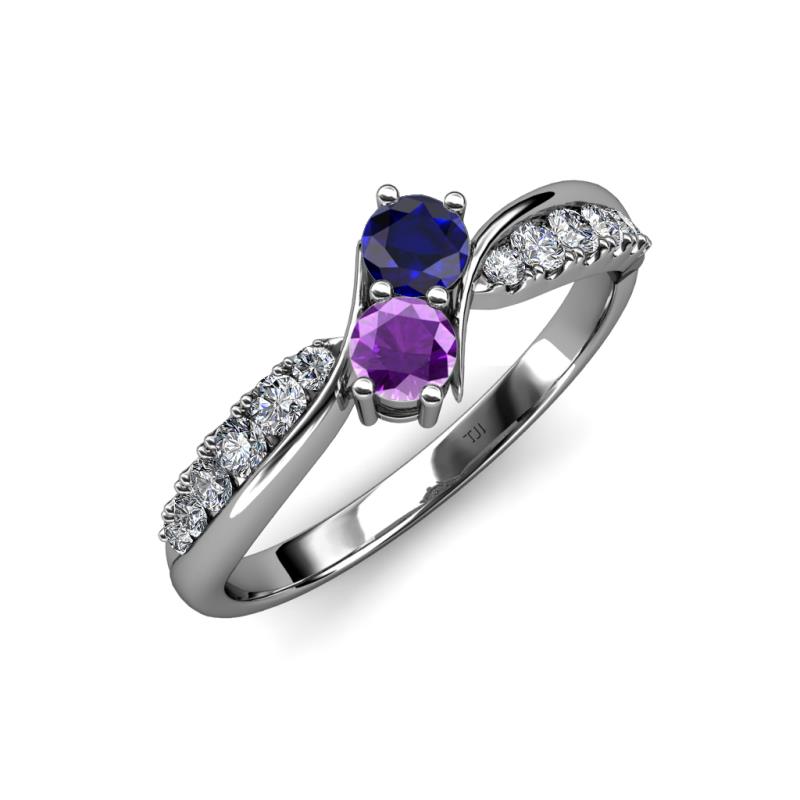 Nicia Blue Sapphire and Amethyst with Side Diamonds Bypass Ring 