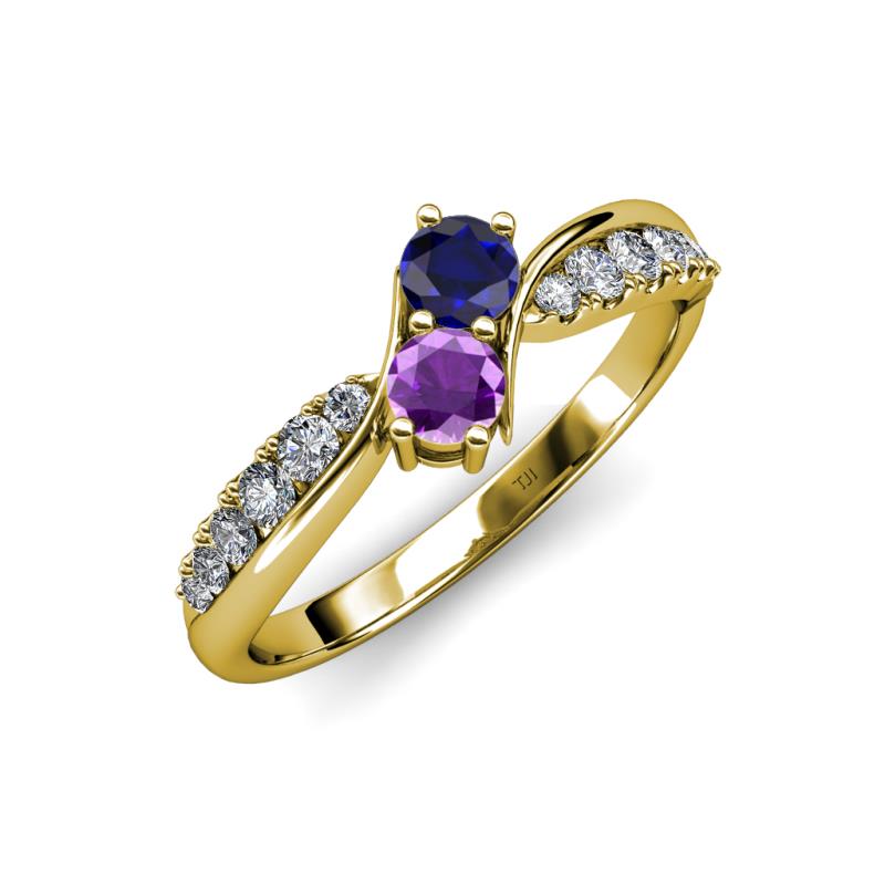 Nicia Blue Sapphire and Amethyst with Side Diamonds Bypass Ring 