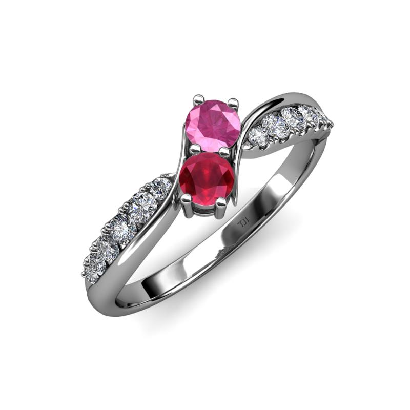 Nicia Pink Sapphire and Ruby with Side Diamonds Bypass Ring 