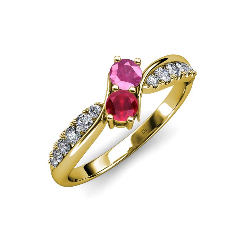 Nicia Pink Sapphire and Ruby with Side Diamonds Bypass Ring 