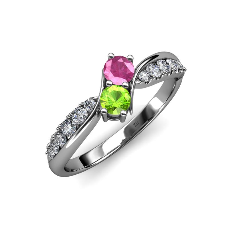 Nicia Pink Sapphire and Peridot with Side Diamonds Bypass Ring 