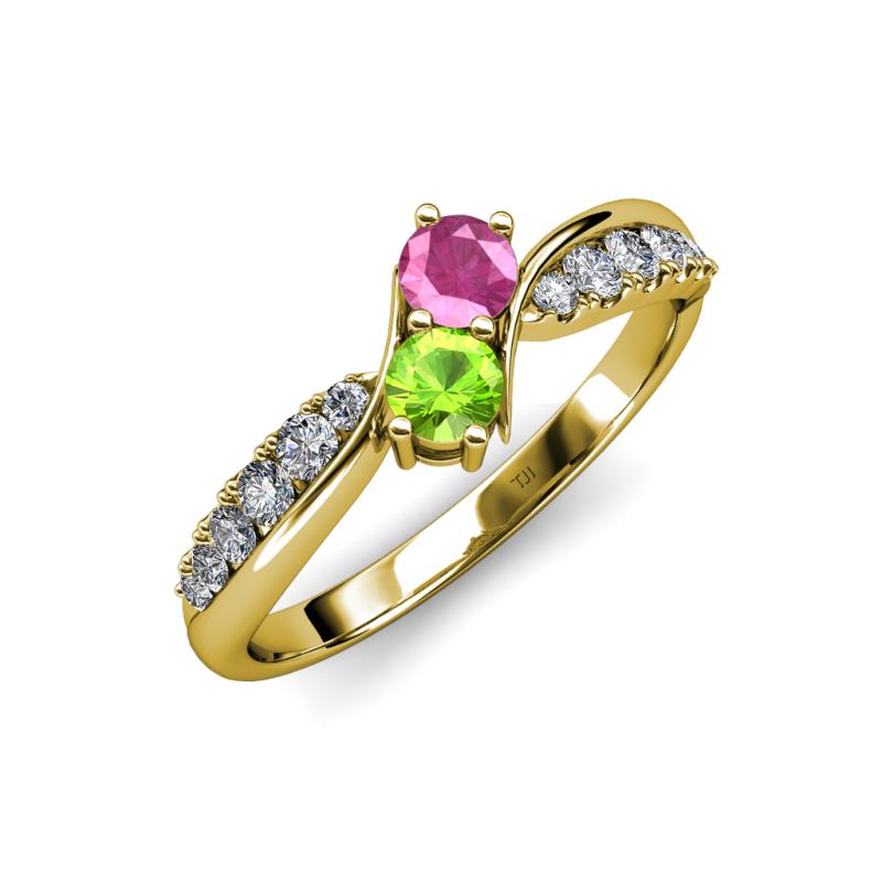 Nicia Pink Sapphire and Peridot with Side Diamonds Bypass Ring 