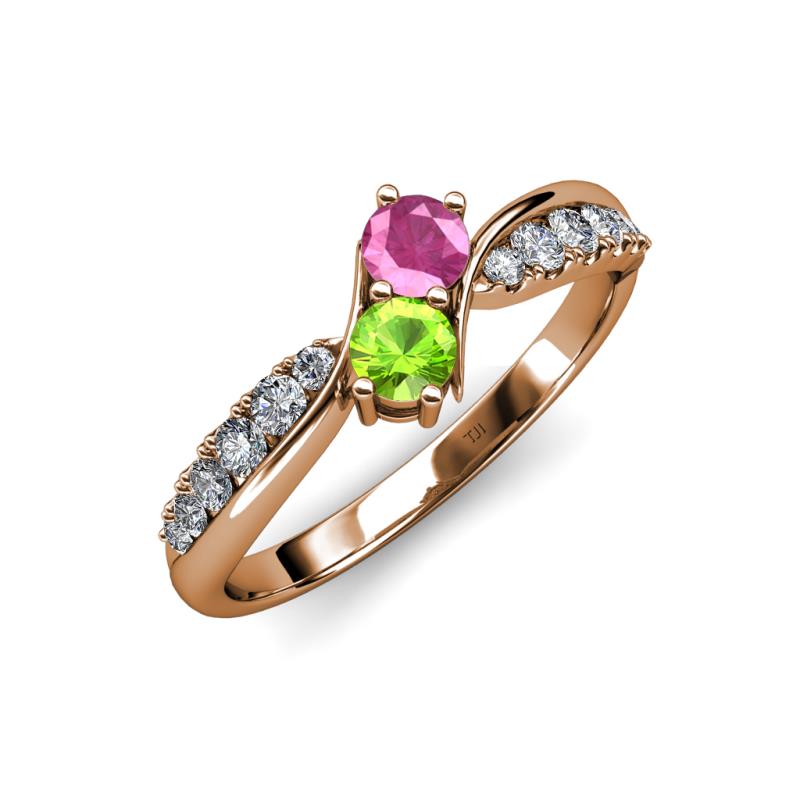 Nicia Pink Sapphire and Peridot with Side Diamonds Bypass Ring 