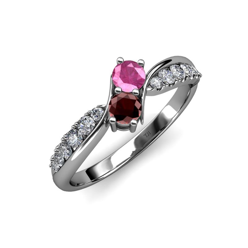 Nicia Pink Sapphire and Red Garnet with Side Diamonds Bypass Ring 