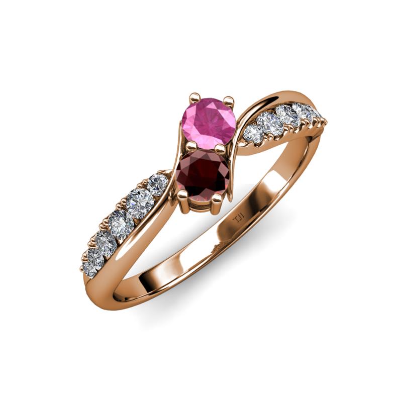 Nicia Pink Sapphire and Red Garnet with Side Diamonds Bypass Ring 