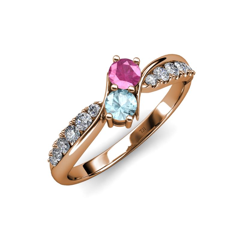 Nicia Pink Sapphire and Aquamarine with Side Diamonds Bypass Ring 