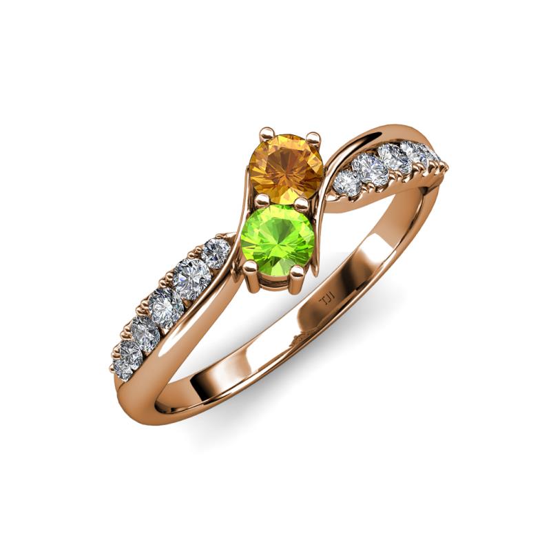 Nicia Citrine and Peridot with Side Diamonds Bypass Ring 