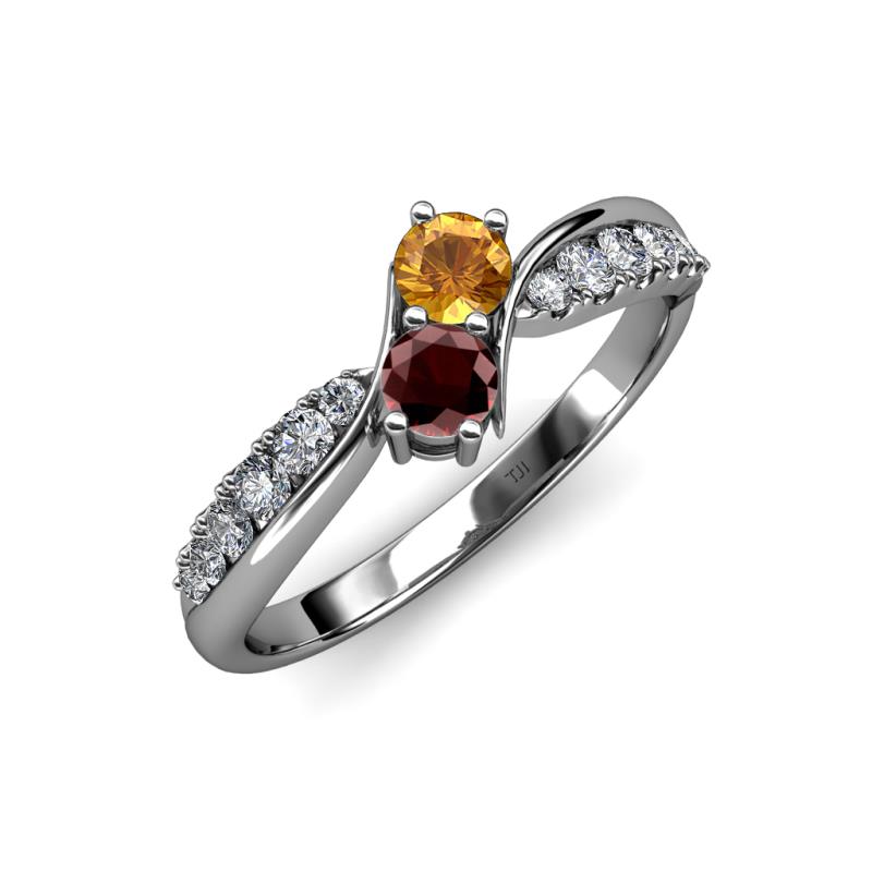 Nicia Citrine and Red Garnet with Side Diamonds Bypass Ring 
