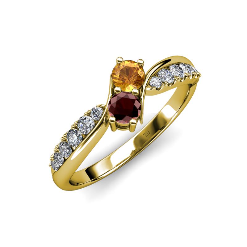 Nicia Citrine and Red Garnet with Side Diamonds Bypass Ring 
