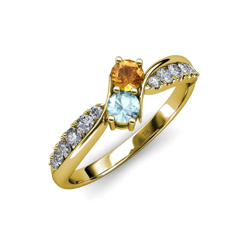 Nicia Citrine and Aquamarine with Side Diamonds Bypass Ring 