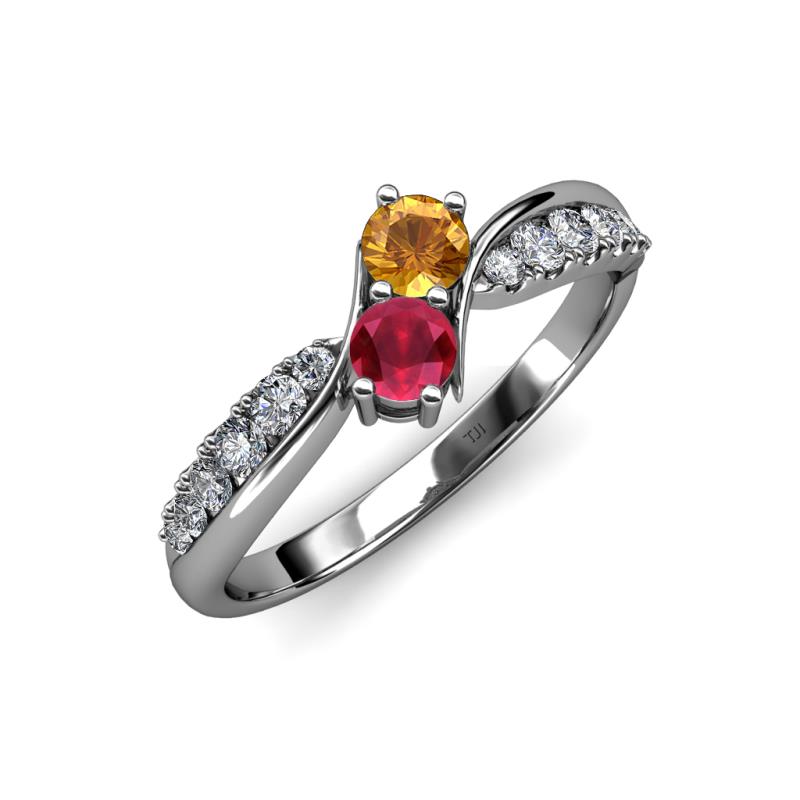 Nicia Citrine and Ruby with Side Diamonds Bypass Ring 