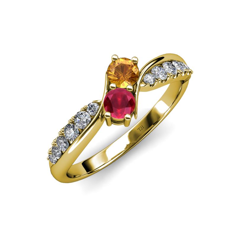 Nicia Citrine and Ruby with Side Diamonds Bypass Ring 