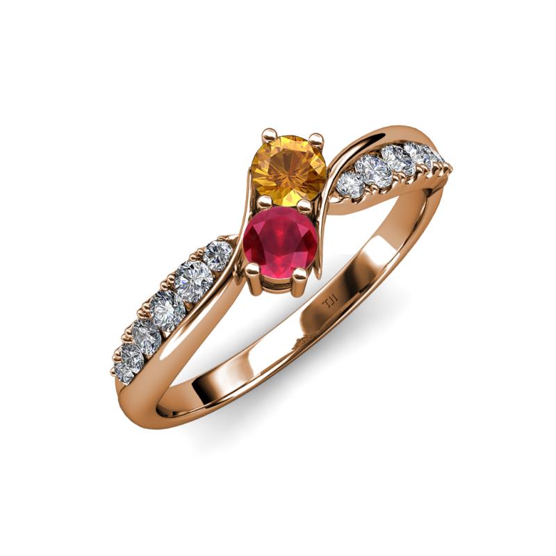 Nicia Citrine and Ruby with Side Diamonds Bypass Ring 