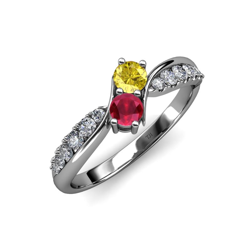 Nicia Yellow Sapphire and Ruby with Side Diamonds Bypass Ring 