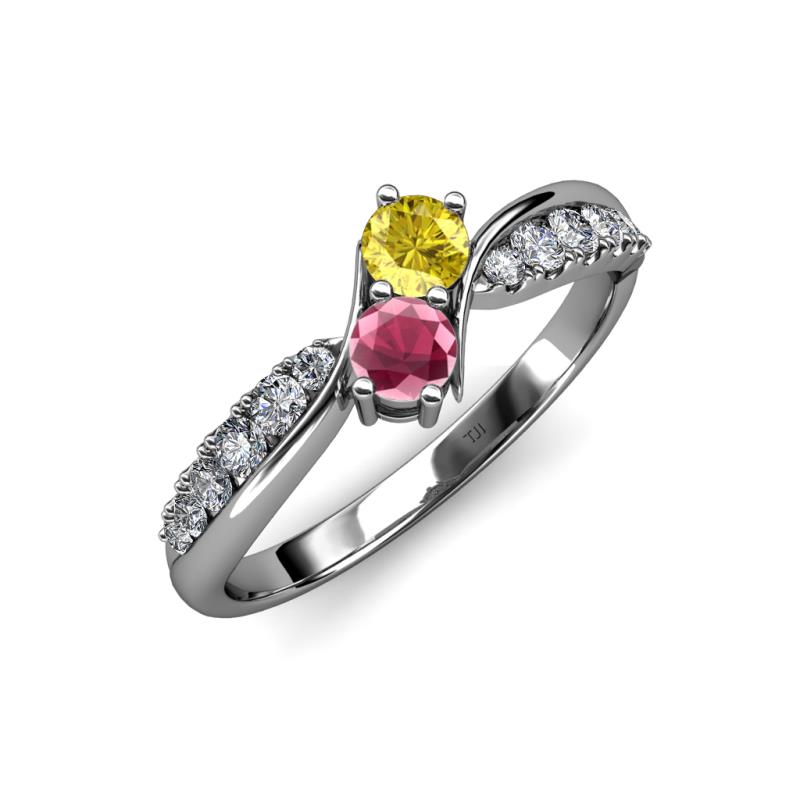 Nicia Yellow Sapphire and Rhodolite Garnet with Side Diamonds Bypass Ring 