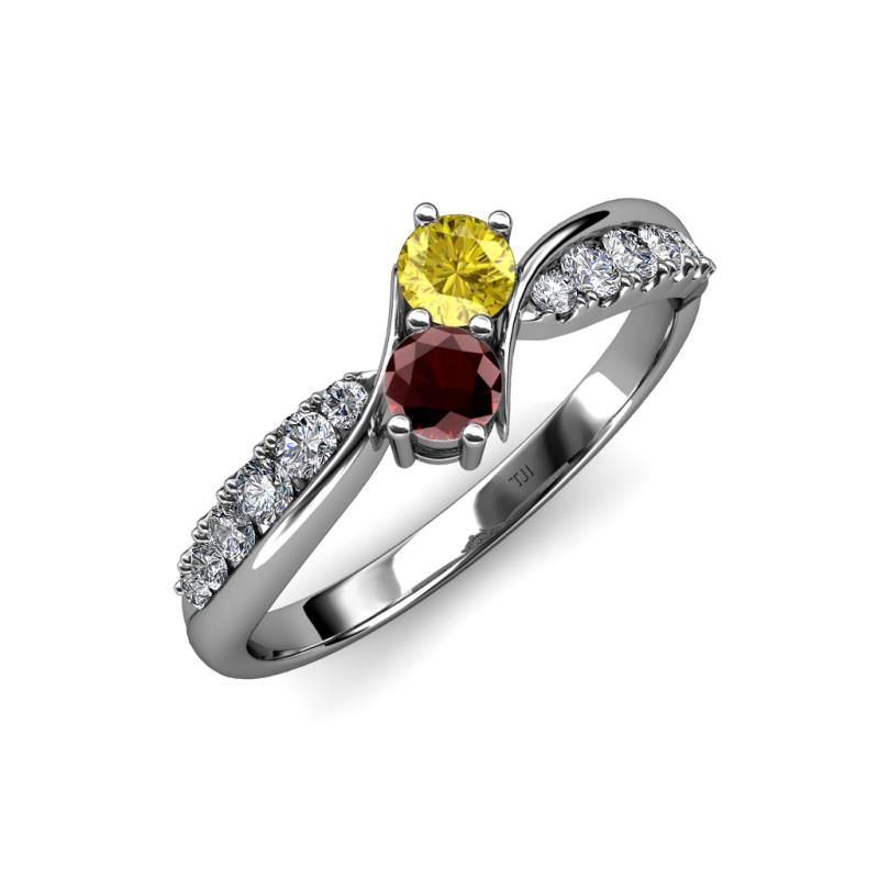 Nicia Yellow Sapphire and Red Garnet with Side Diamonds Bypass Ring 