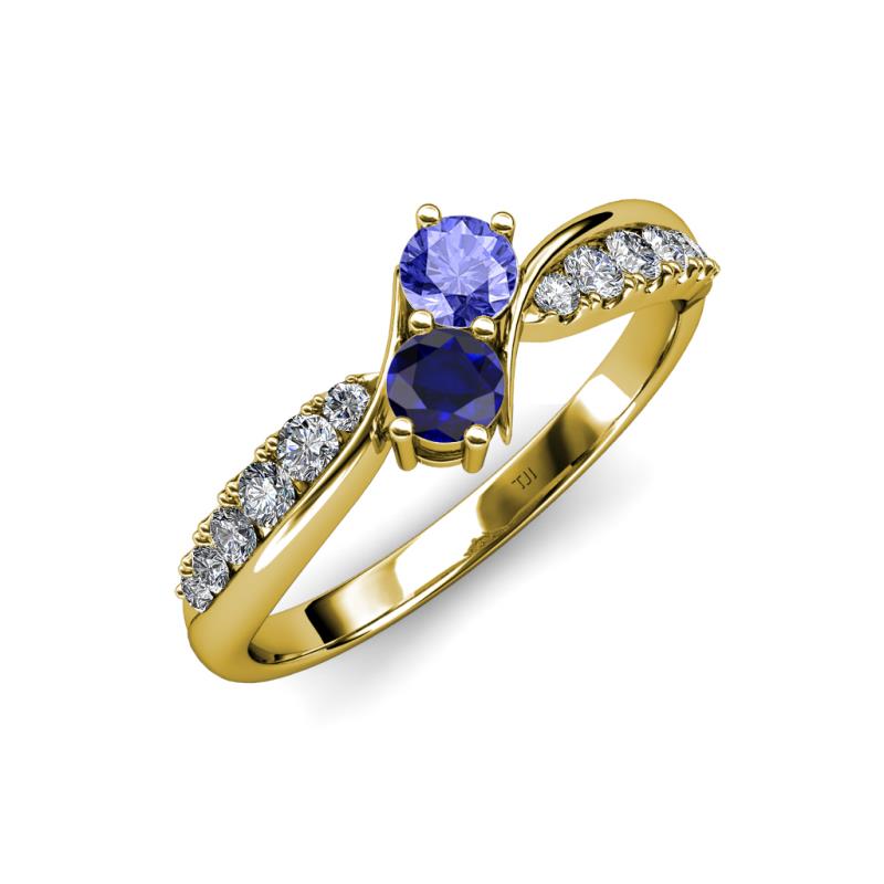 Nicia Tanzanite and Blue Sapphire with Side Diamonds Bypass Ring 
