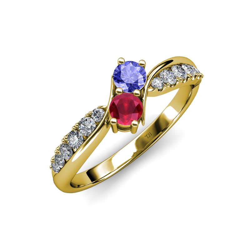 Nicia Tanzanite and Ruby with Side Diamonds Bypass Ring 