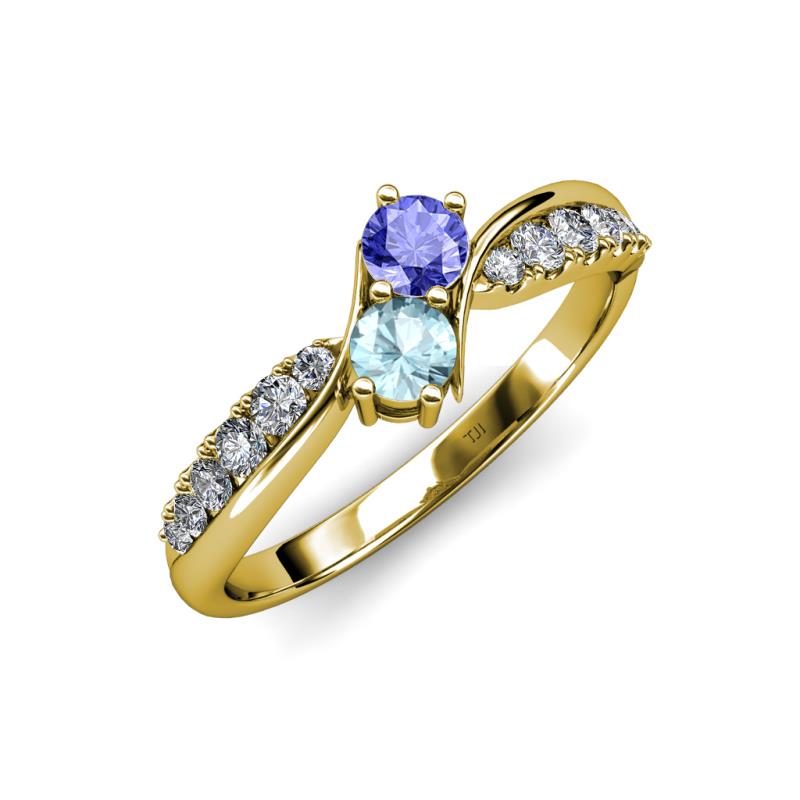 Nicia Tanzanite and Aquamarine with Side Diamonds Bypass Ring 