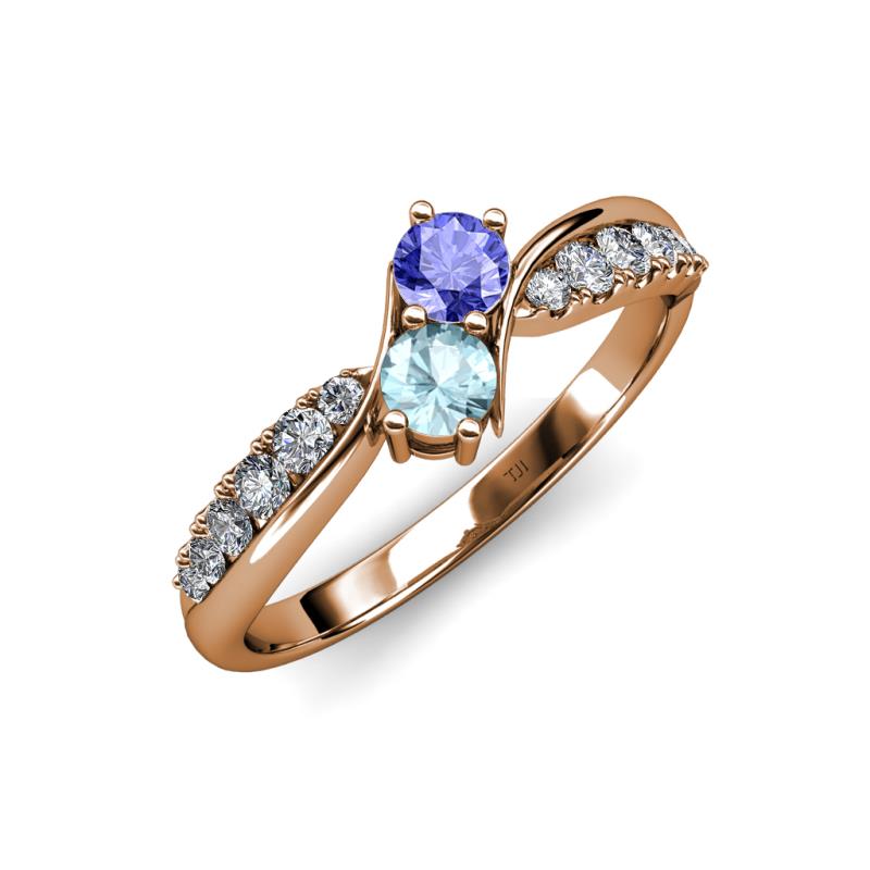 Nicia Tanzanite and Aquamarine with Side Diamonds Bypass Ring 