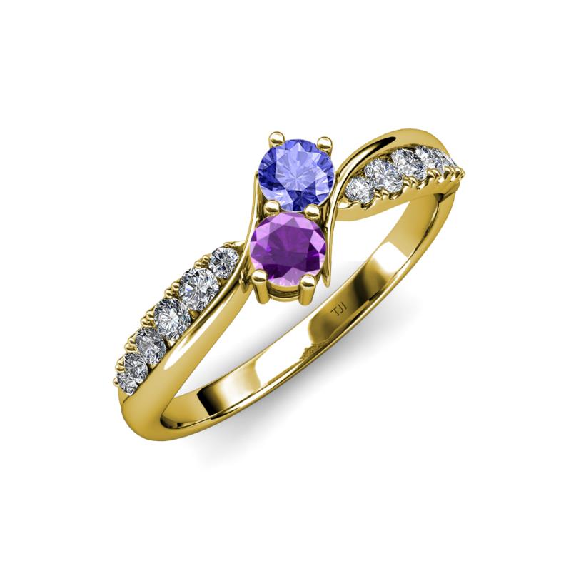 Nicia Tanzanite and Amethyst with Side Diamonds Bypass Ring 