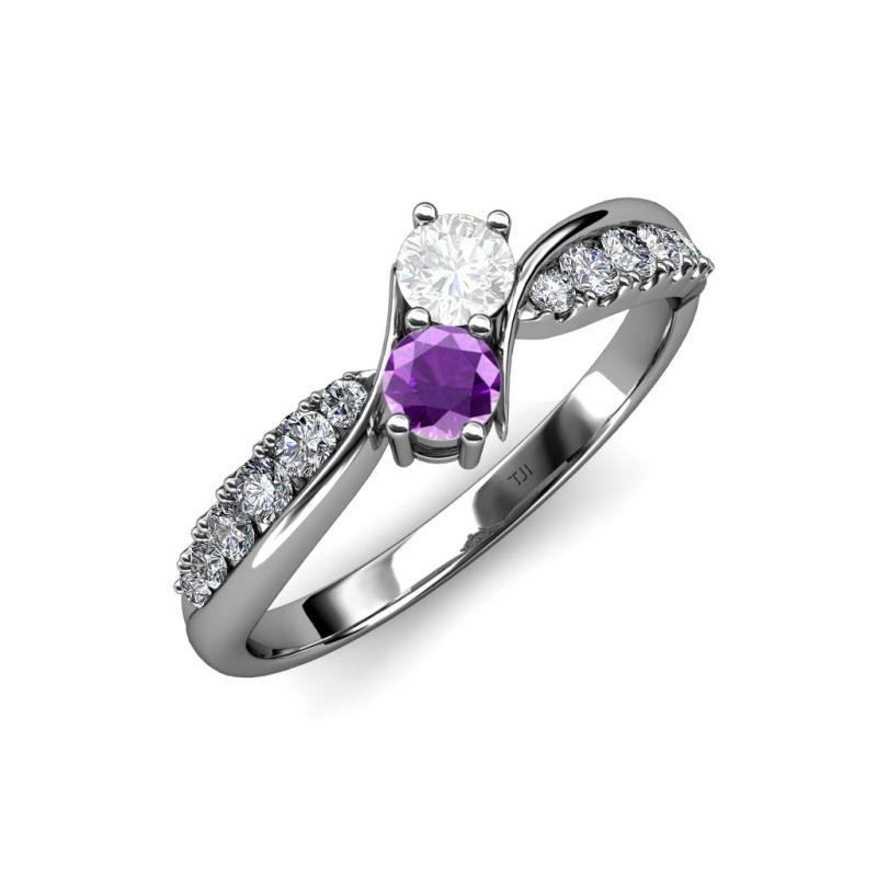 Nicia White Sapphire and Amethyst with Side Diamonds Bypass Ring 