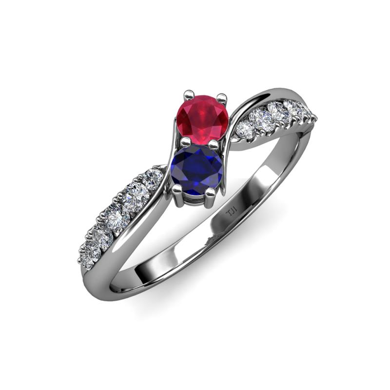 Nicia Ruby and Blue Sapphire with Side Diamonds Bypass Ring 