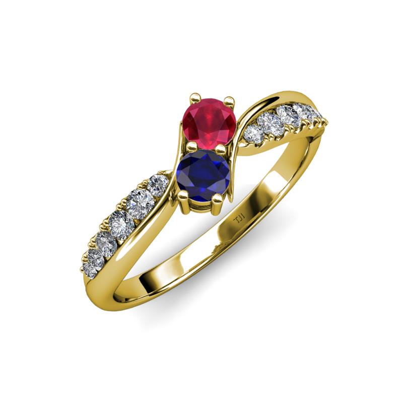 Nicia Ruby and Blue Sapphire with Side Diamonds Bypass Ring 