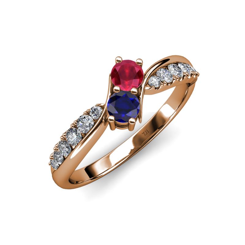 Nicia Ruby and Blue Sapphire with Side Diamonds Bypass Ring 