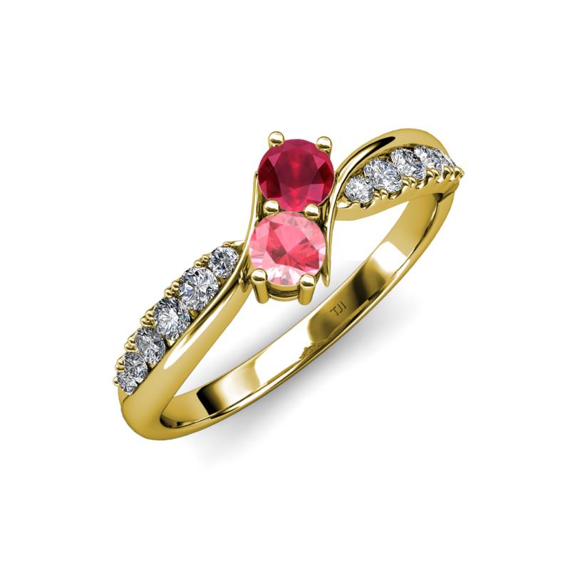 Nicia Ruby and Pink Tourmaline with Side Diamonds Bypass Ring 