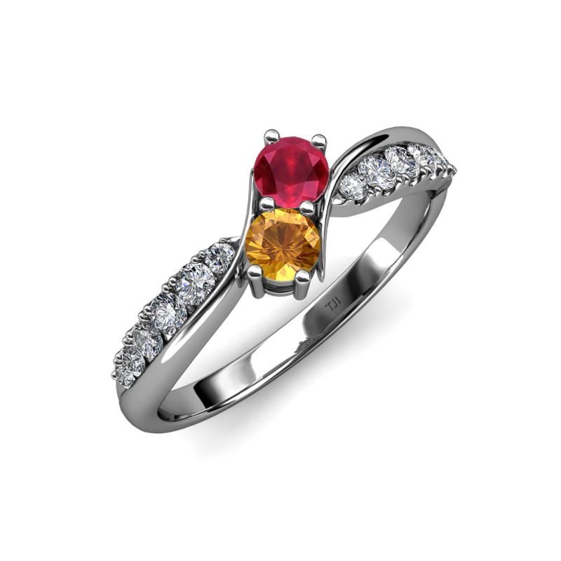Nicia Ruby and Citrine with Side Diamonds Bypass Ring 