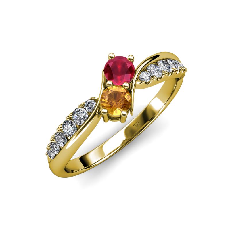 Nicia Ruby and Citrine with Side Diamonds Bypass Ring 