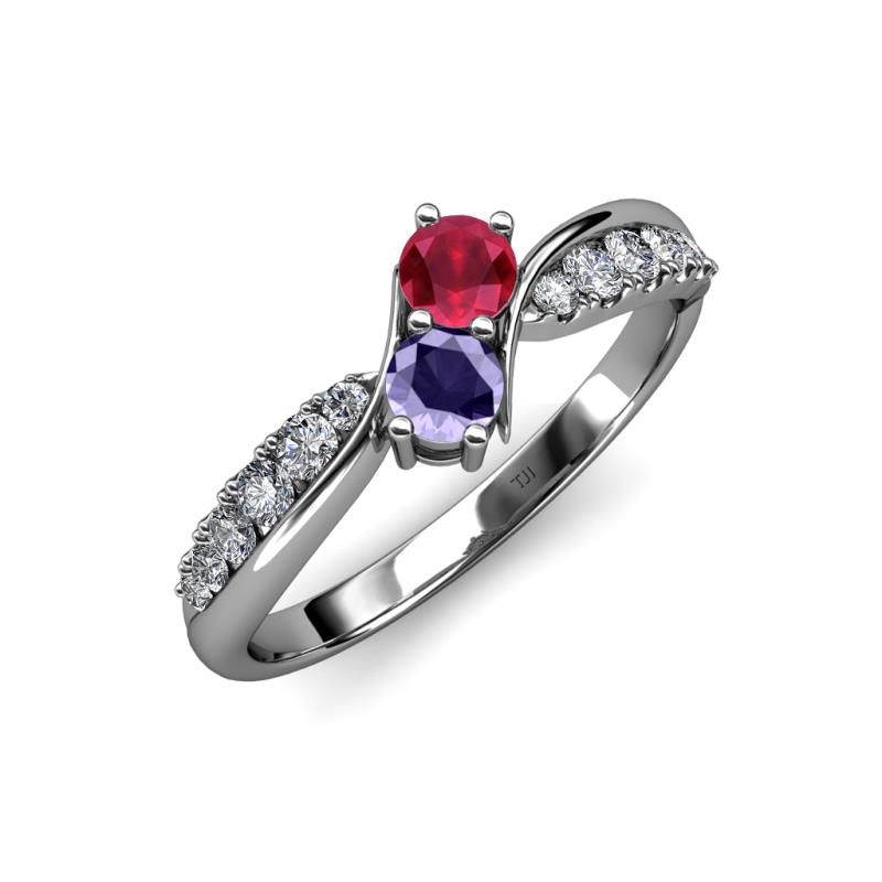 Nicia Ruby and Iolite with Side Diamonds Bypass Ring 