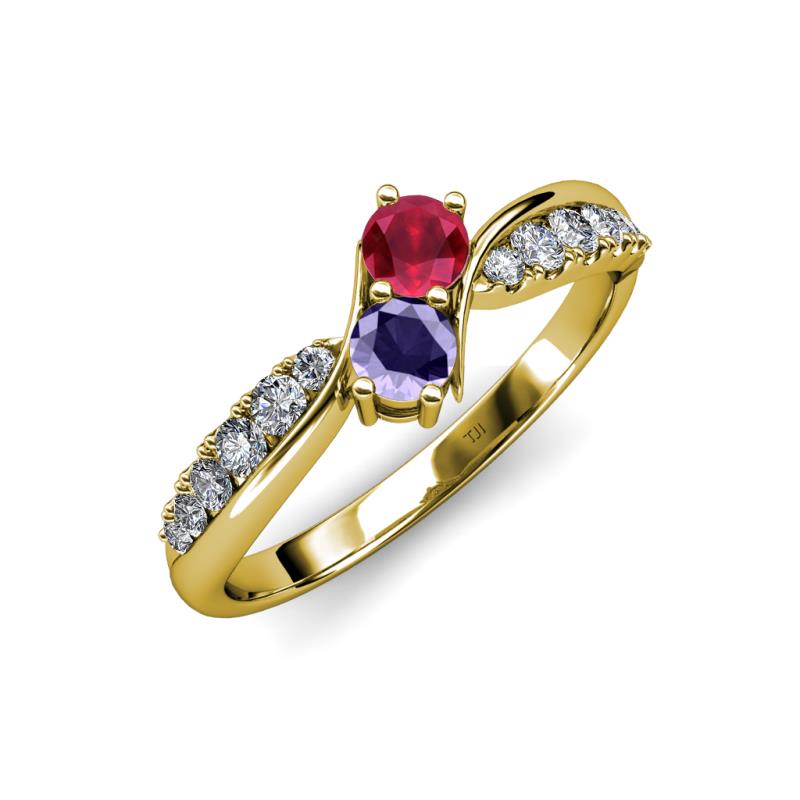 Nicia Ruby and Iolite with Side Diamonds Bypass Ring 