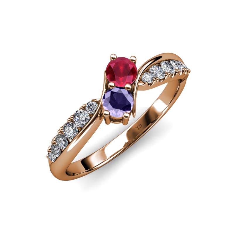 Nicia Ruby and Iolite with Side Diamonds Bypass Ring 