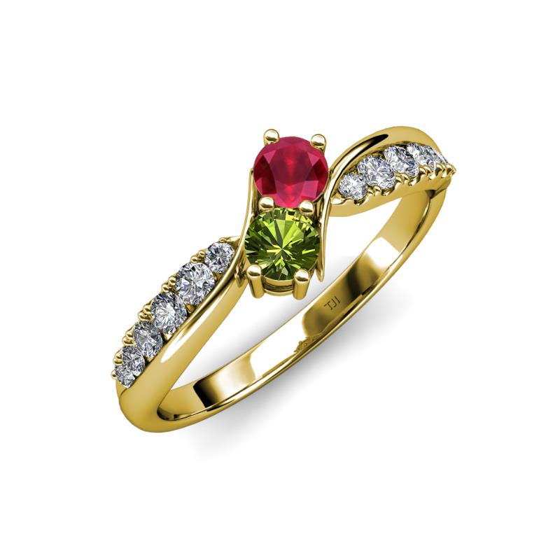 Nicia Ruby and Peridot with Side Diamonds Bypass Ring 