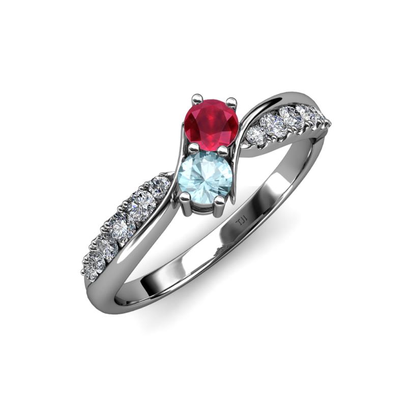 Nicia Ruby and Aquamarine with Side Diamonds Bypass Ring 