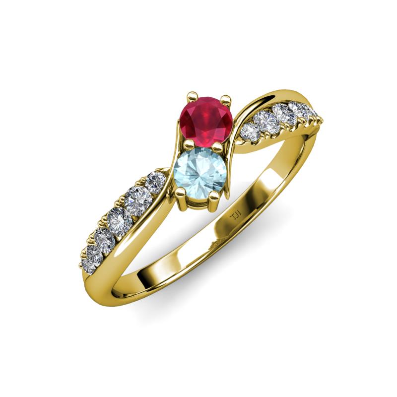 Nicia Ruby and Aquamarine with Side Diamonds Bypass Ring 