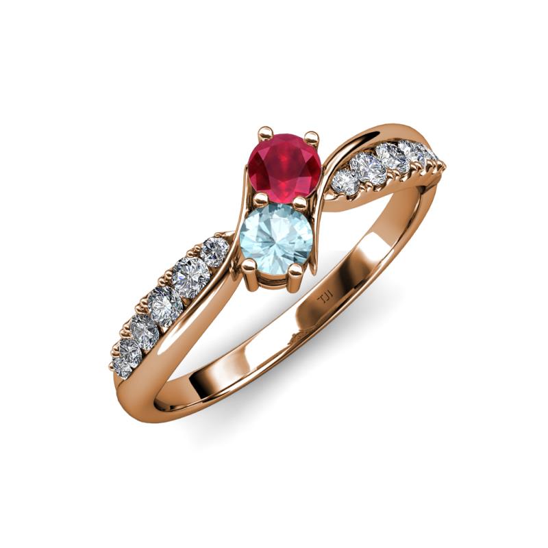 Nicia Ruby and Aquamarine with Side Diamonds Bypass Ring 