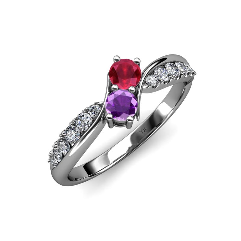 Nicia Ruby and Amethyst with Side Diamonds Bypass Ring 