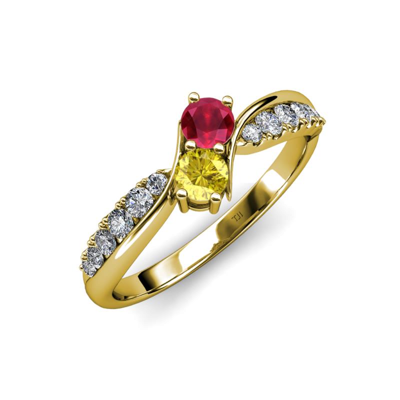 Nicia Ruby and Yellow Sapphire with Side Diamonds Bypass Ring 