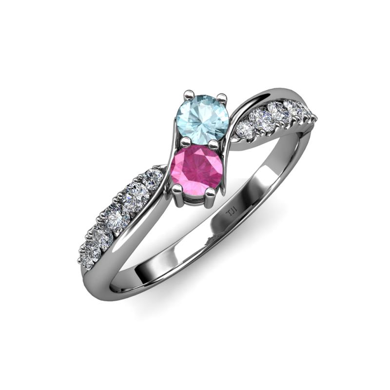 Nicia Aquamarine and Pink Sapphire with Side Diamonds Bypass Ring 