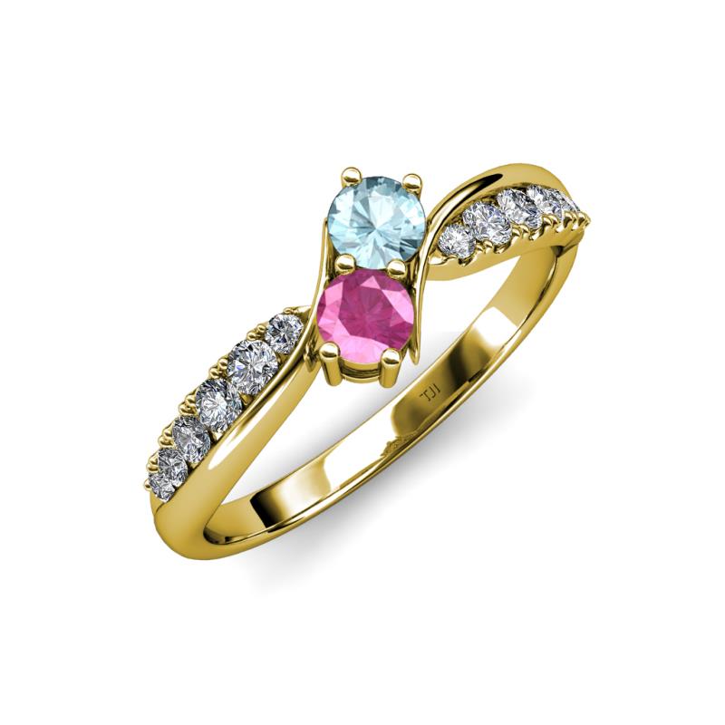Nicia Aquamarine and Pink Sapphire with Side Diamonds Bypass Ring 