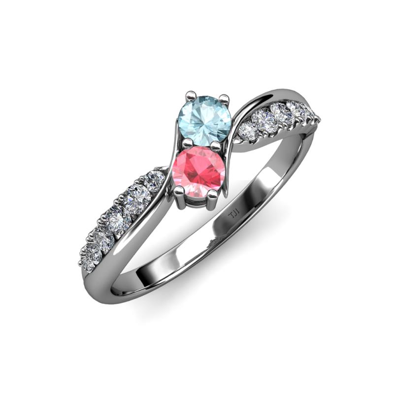 Nicia Aquamarine and Pink Tourmaline with Side Diamonds Bypass Ring 