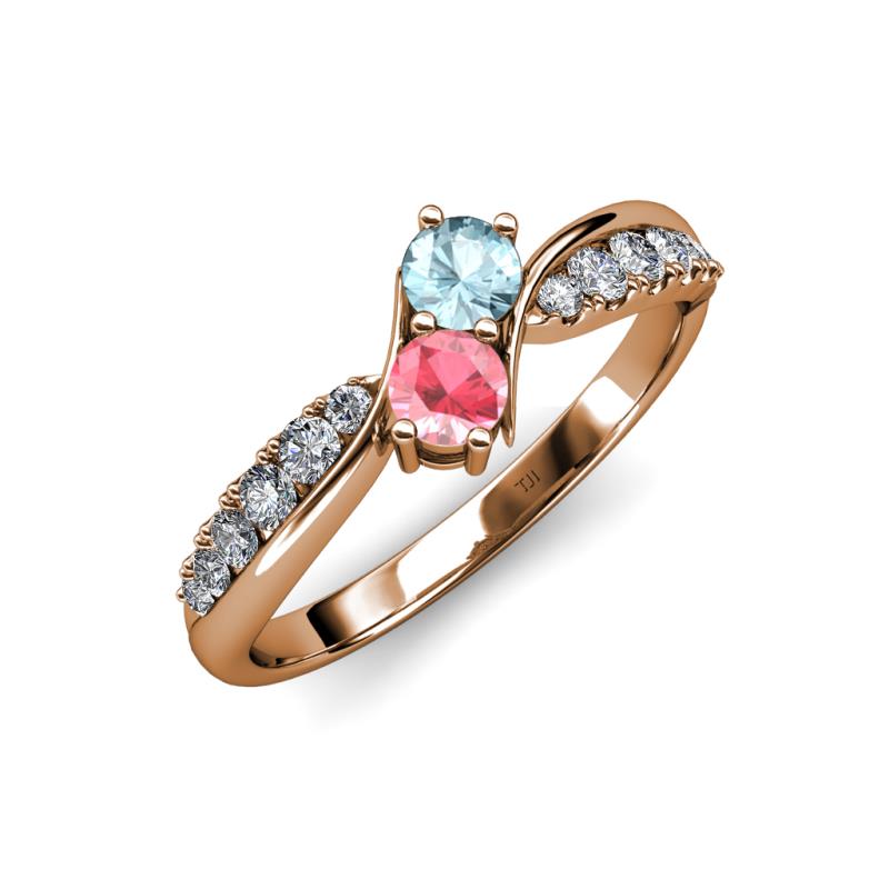 Nicia Aquamarine and Pink Tourmaline with Side Diamonds Bypass Ring 