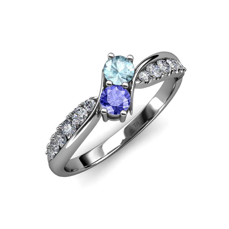 Nicia Aquamarine and Tanzanite with Side Diamonds Bypass Ring 