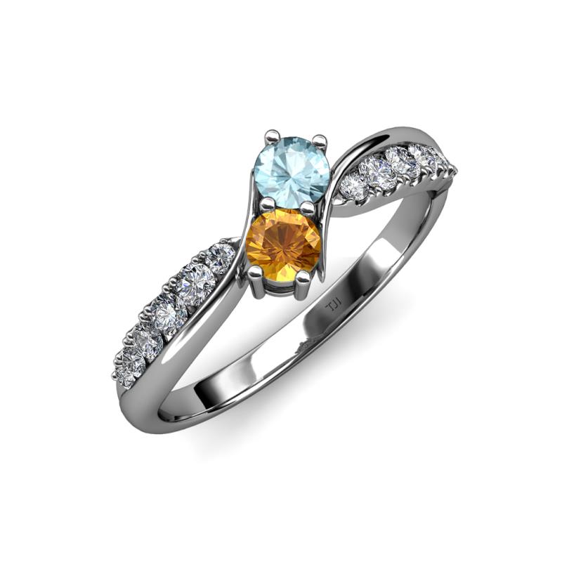 Nicia Aquamarine and Citrine with Side Diamonds Bypass Ring 