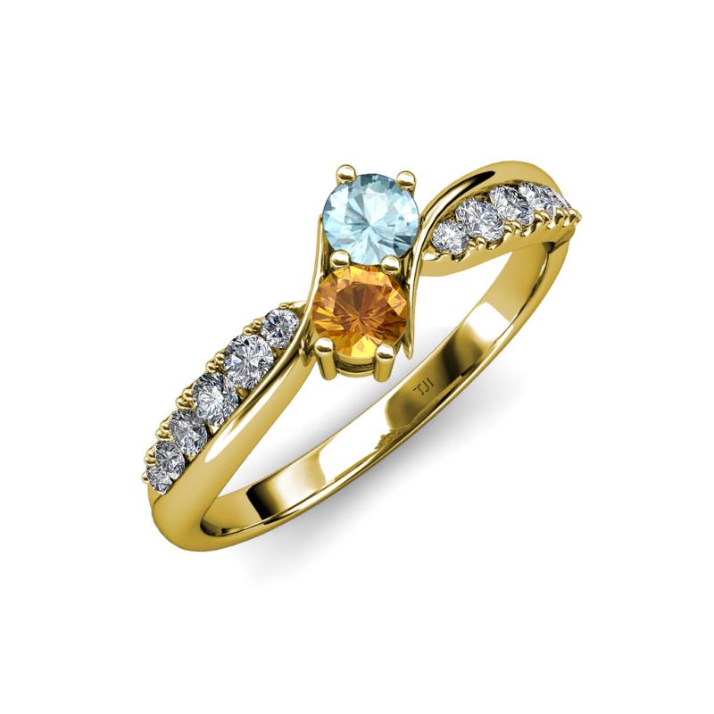 Nicia Aquamarine and Citrine with Side Diamonds Bypass Ring 