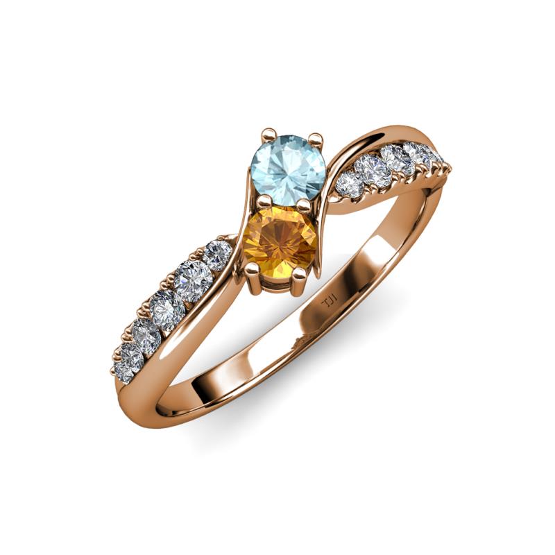 Nicia Aquamarine and Citrine with Side Diamonds Bypass Ring 
